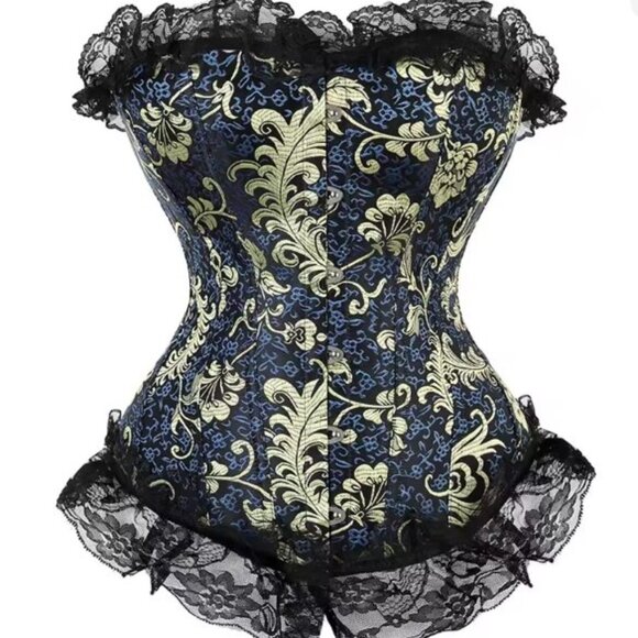 Blue Gold Black Lace Ruffled Corset Set - NEW - Picture 3 of 12